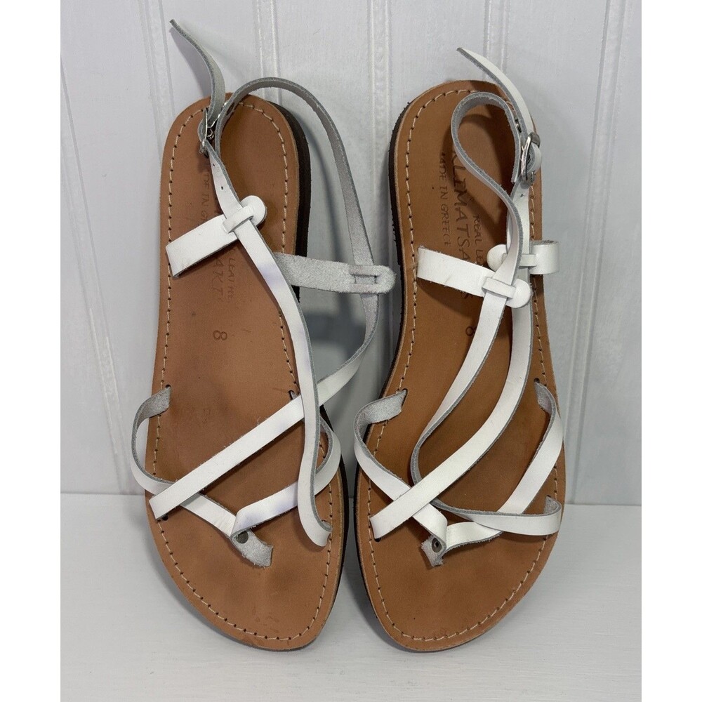 Klimatsakis Leather Sandles Size 8. Made in Greece White - Box #A2026